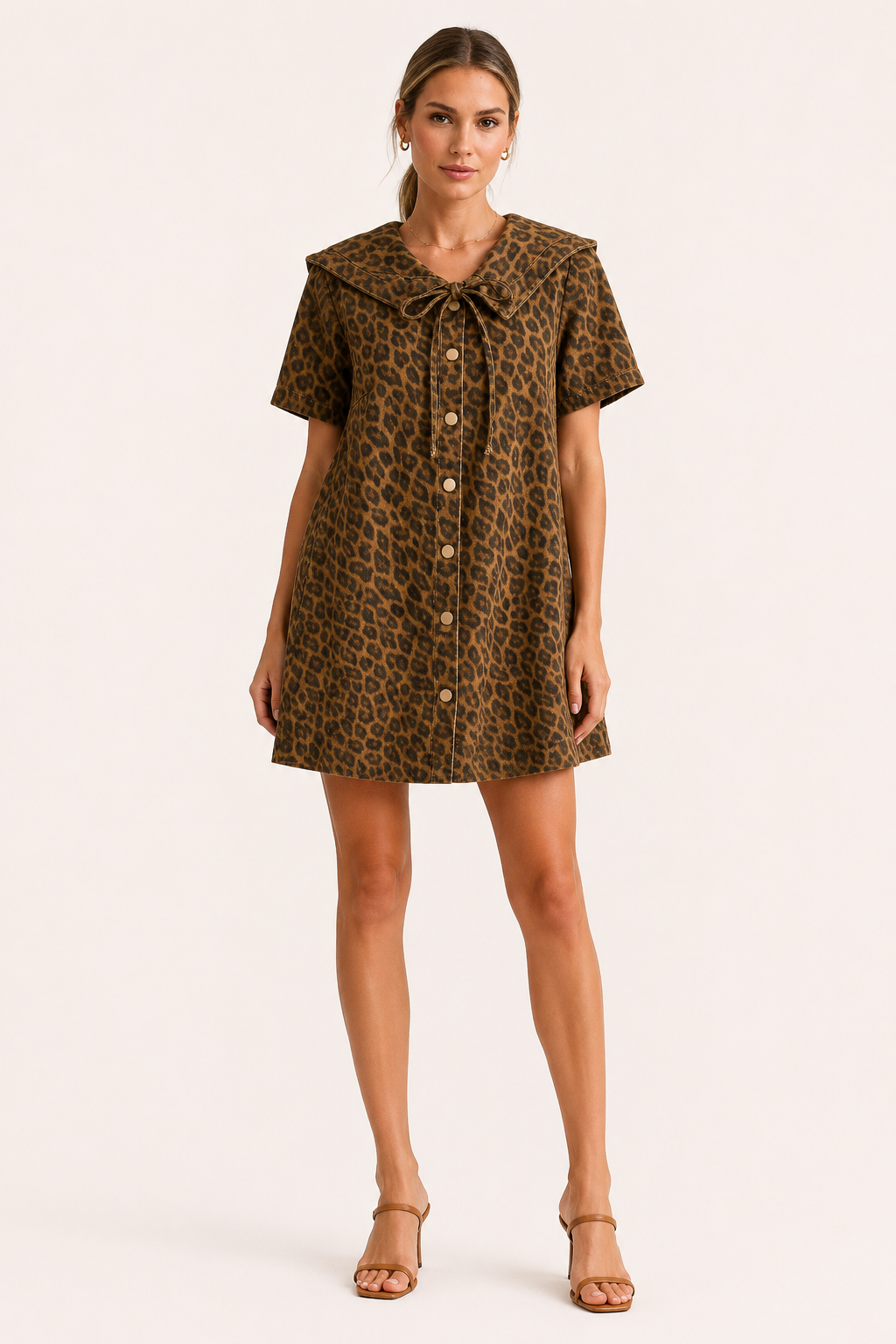 Robe courte denim col marin large imprimé all-over boutonnée vacances printemps-été - Paula