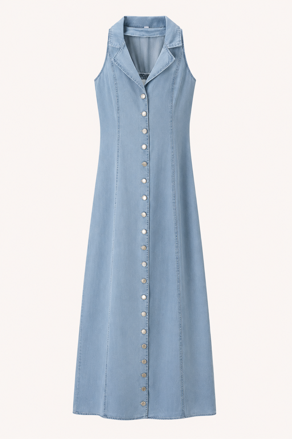 Robe longue denim sans manches boutonnée col revers jupe large printemps-été - Elara