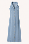 Robe longue denim sans manches boutonnée col revers jupe large printemps-été - Elara