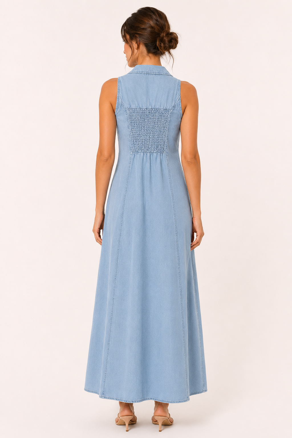 Robe longue denim sans manches boutonnée col revers jupe large printemps-été - Elara
