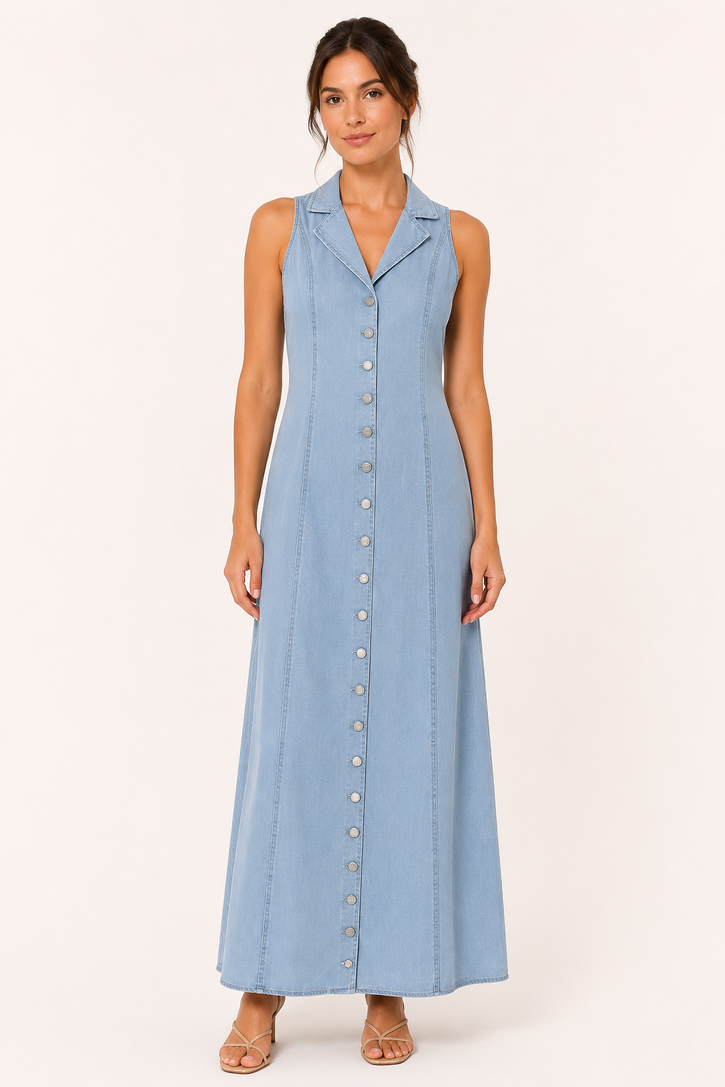 Robe longue denim sans manches boutonnée col revers jupe large printemps-été - Elara