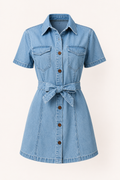 Robe chemise denim courte ceinture nouée col revers poches manches courtes décontractée - Tabea