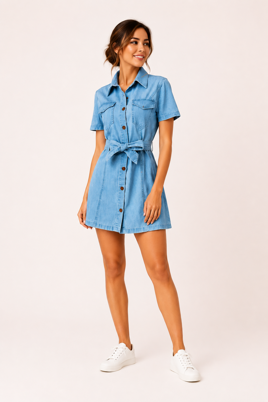 Robe chemise denim courte ceinture nouée col revers poches manches courtes décontractée - Tabea