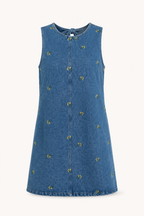 Robe courte denim sans manches broderie couture centrale légère quotidien vacances - Leni