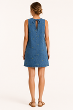 Robe courte denim sans manches broderie couture centrale légère quotidien vacances - Leni
