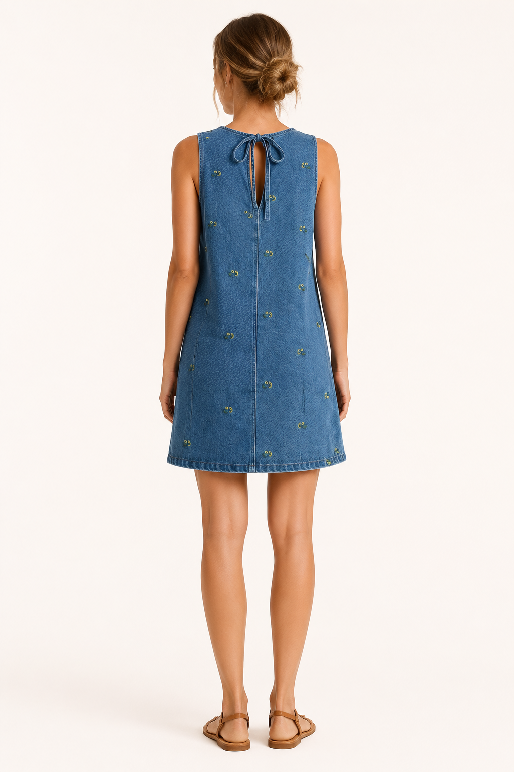 Robe courte denim sans manches broderie couture centrale légère quotidien vacances - Leni
