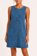 Robe courte denim sans manches broderie couture centrale légère quotidien vacances - Leni