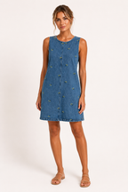 Robe courte denim sans manches broderie couture centrale légère quotidien vacances - Leni