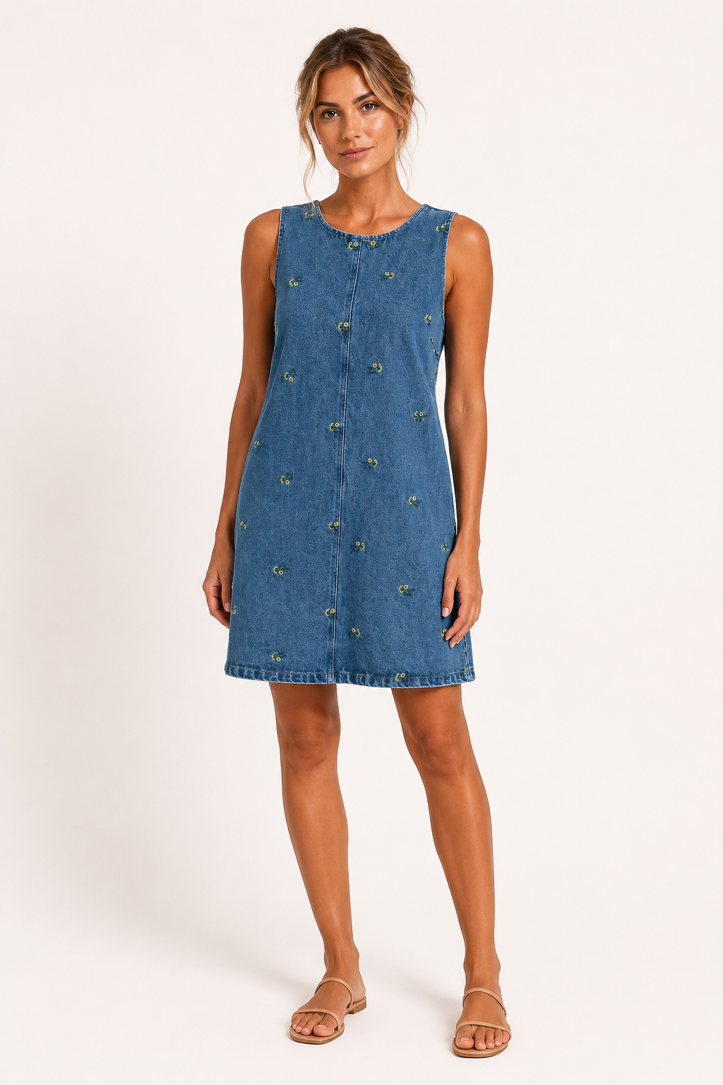 Robe courte denim sans manches broderie couture centrale légère quotidien vacances - Leni