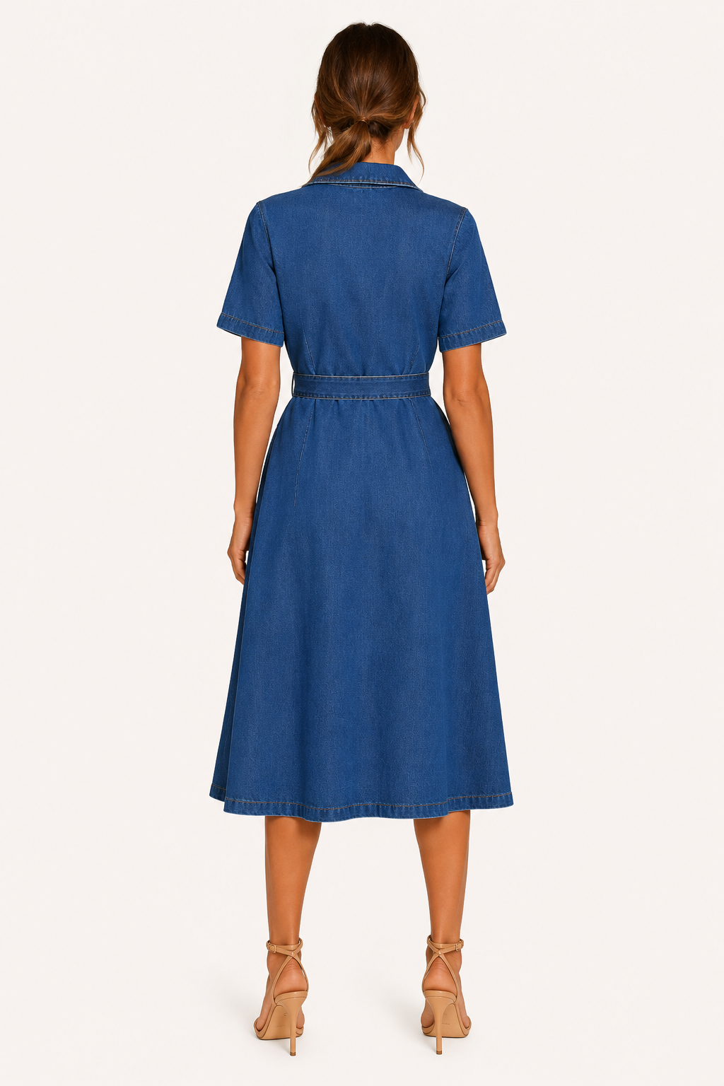 Robe midi denim col revers décolleté en V ceinturée boutonnée manches courtes casual - Klara