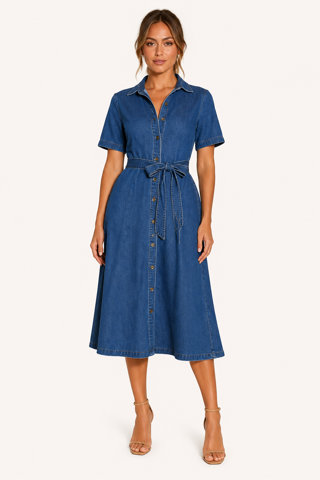 Robe midi denim col revers décolleté en V ceinturée boutonnée manches courtes casual - Klara
