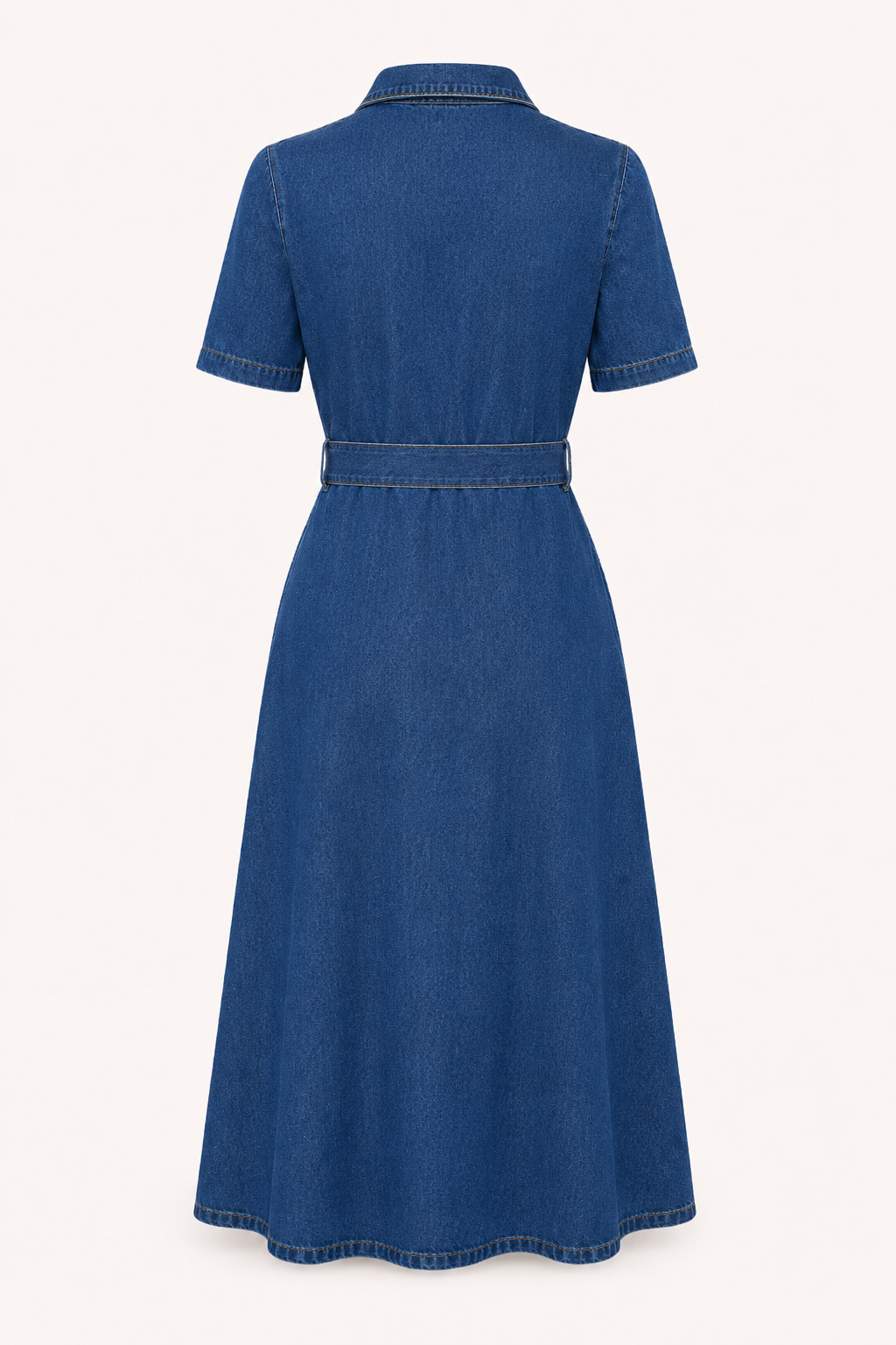 Robe midi denim col revers décolleté en V ceinturée boutonnée manches courtes casual - Klara