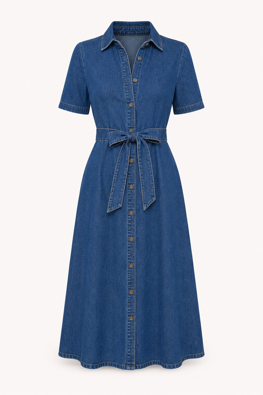 Robe midi denim col revers décolleté en V ceinturée boutonnée manches courtes casual - Klara