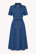 Robe midi denim col revers décolleté en V ceinturée boutonnée manches courtes casual - Klara