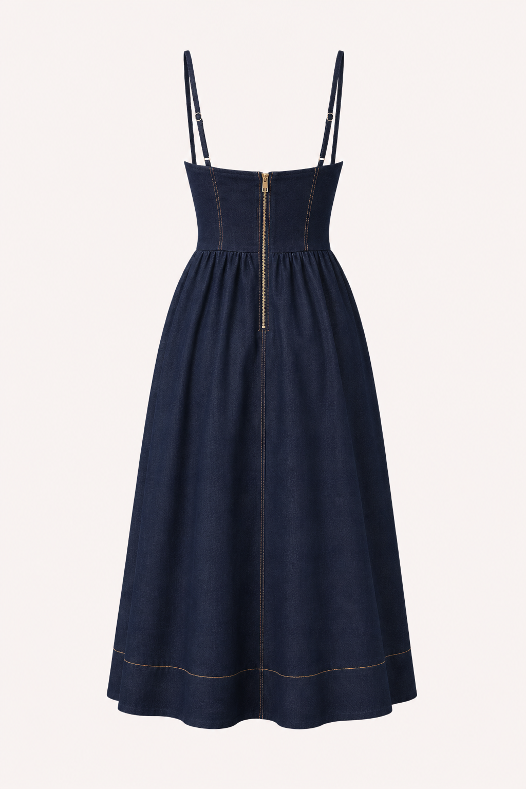 Robe midi denim décolleté en cœur fines bretelles coutures corsage jupe large déjeuner - Helene
