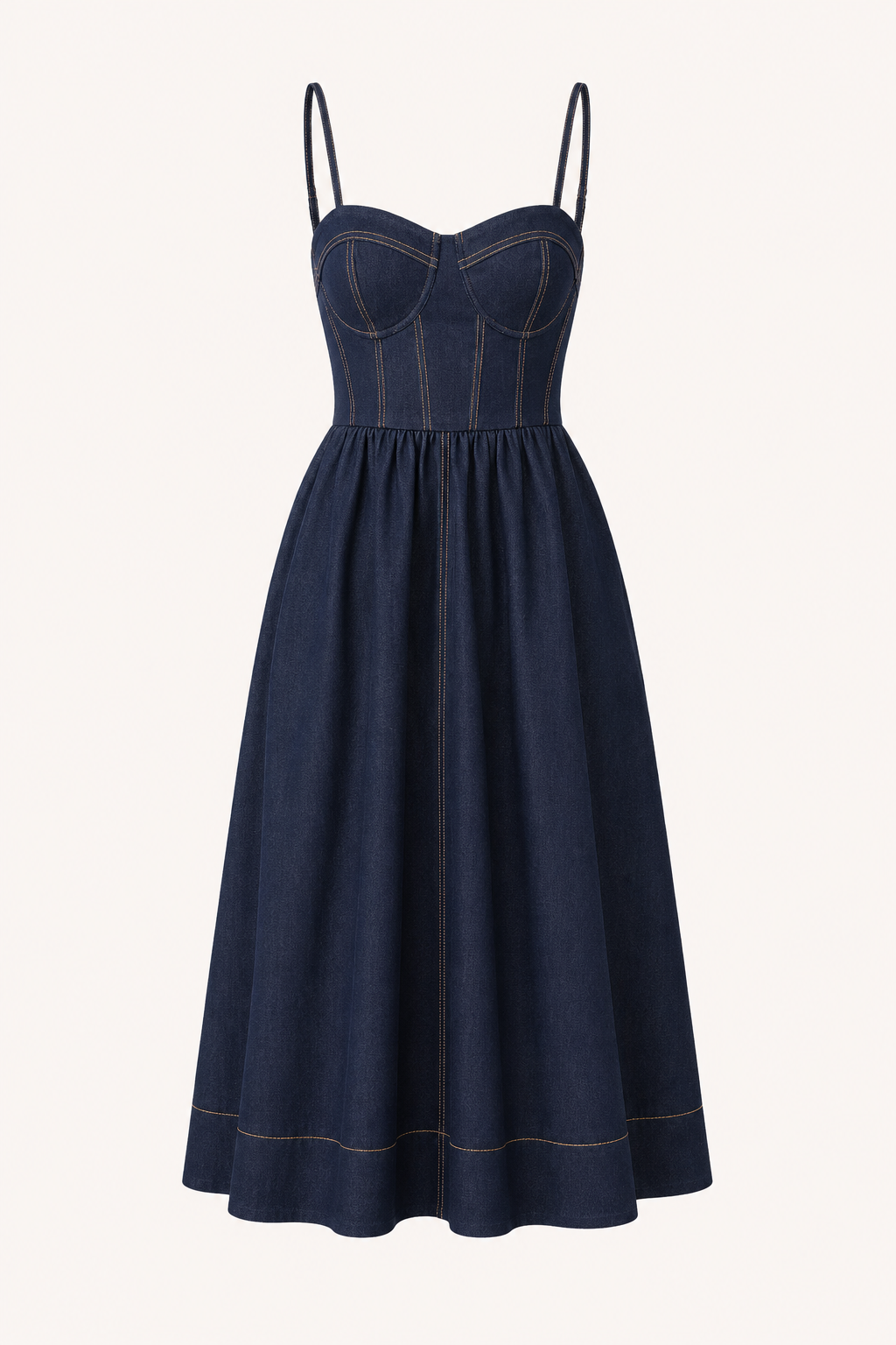 Robe midi denim décolleté en cœur fines bretelles coutures corsage jupe large déjeuner - Helene