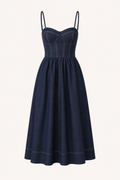 Robe midi denim décolleté en cœur fines bretelles coutures corsage jupe large déjeuner - Helene