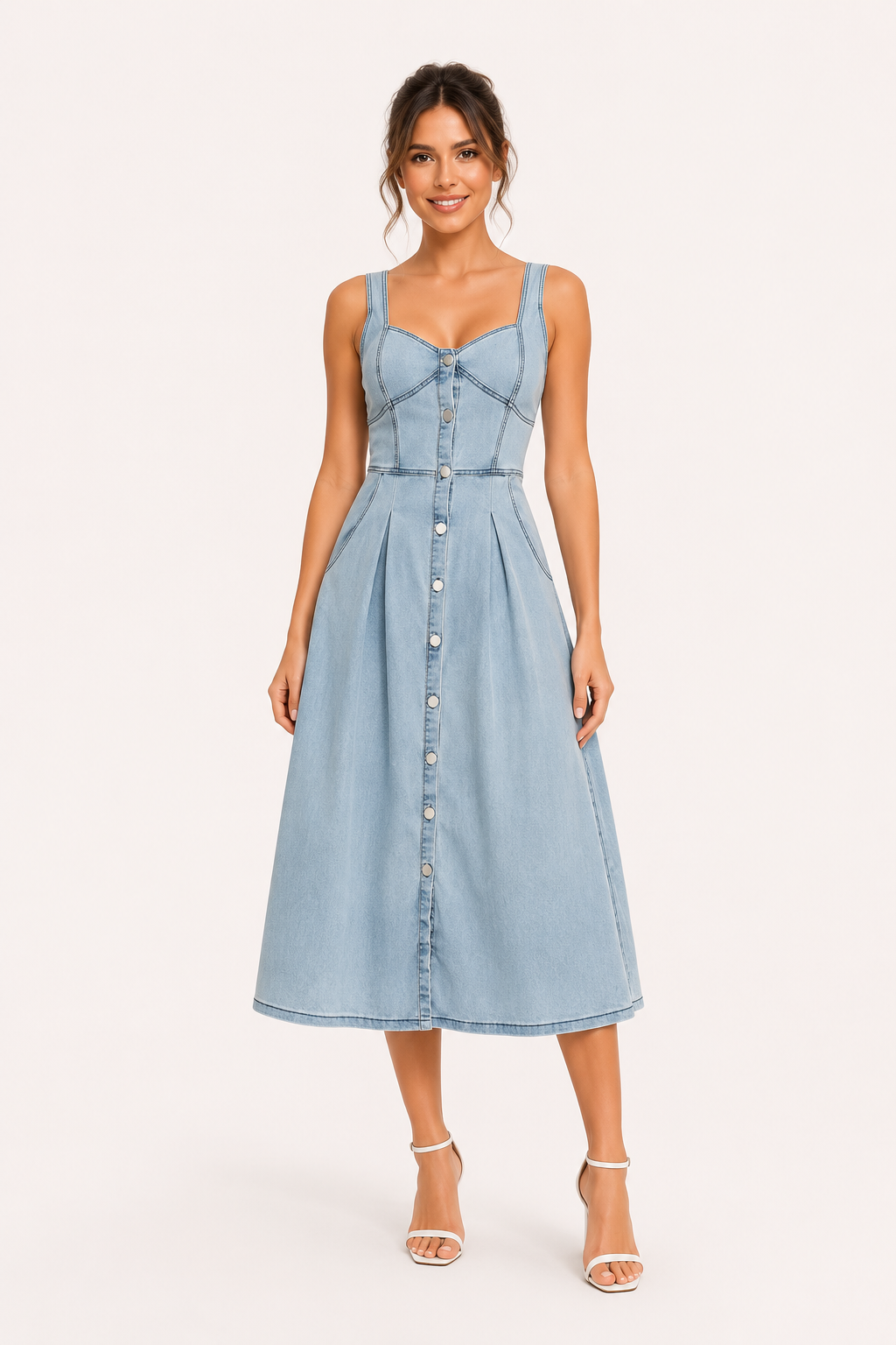 Robe midi denim bretelles larges boutonnée corsage coutures panneaux jupe évasée été - Brigitte