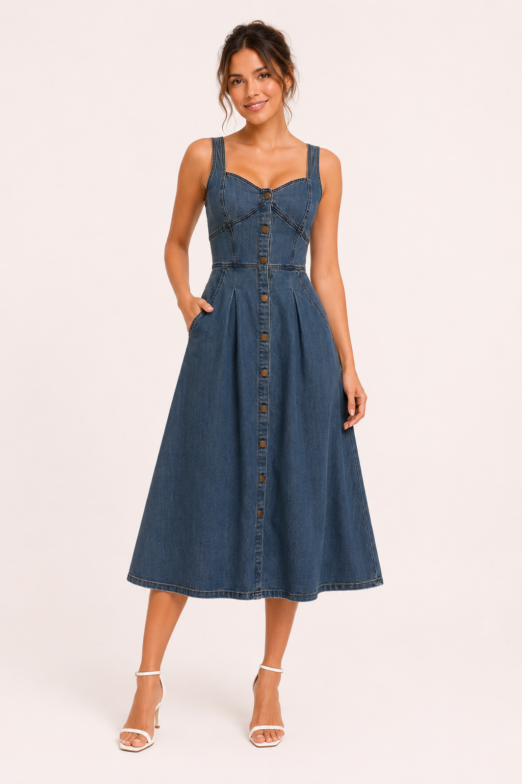 Robe midi denim bretelles larges boutonnée corsage coutures panneaux jupe évasée été - Brigitte