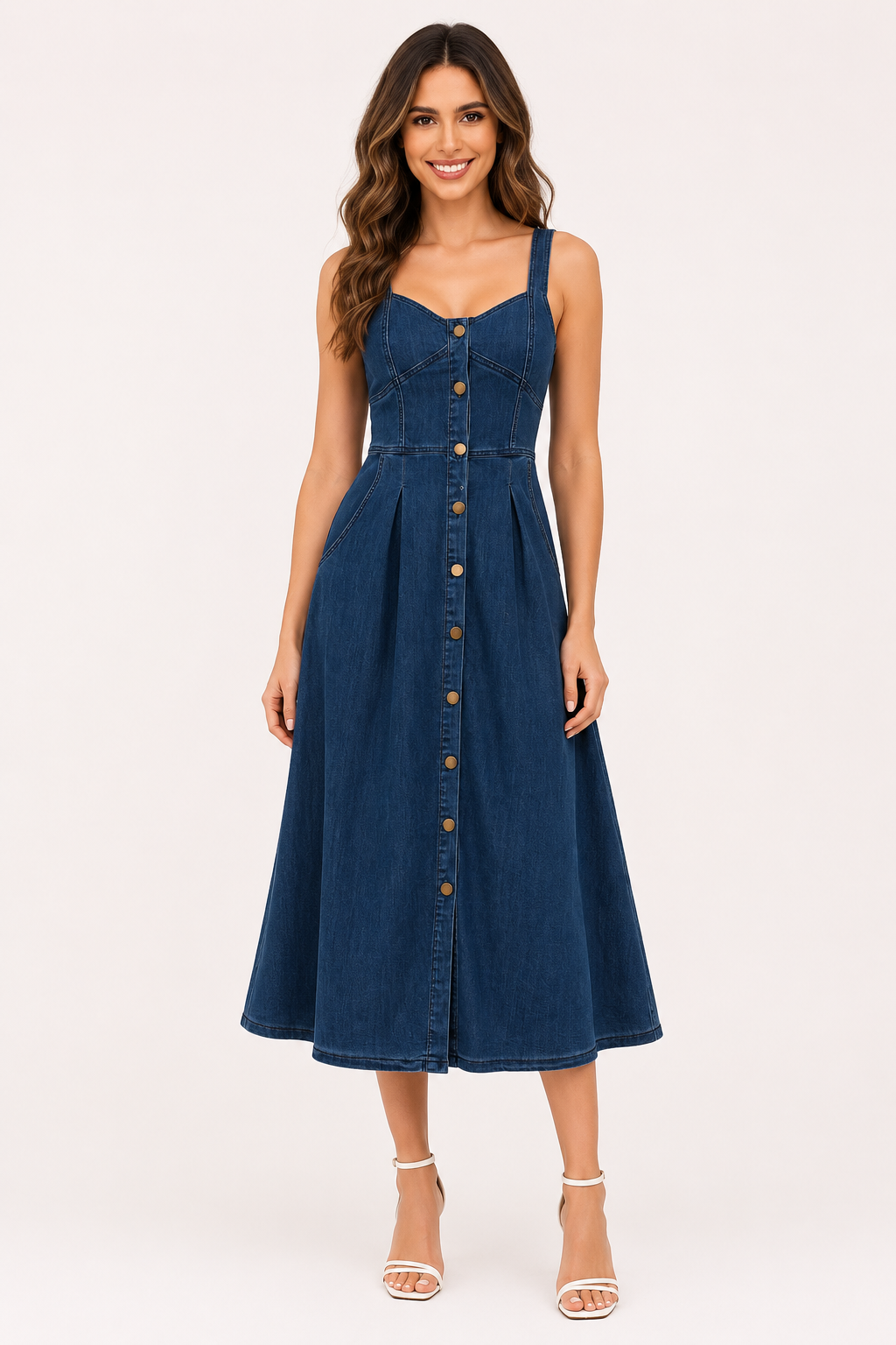 Robe midi denim bretelles larges boutonnée corsage coutures panneaux jupe évasée été - Brigitte