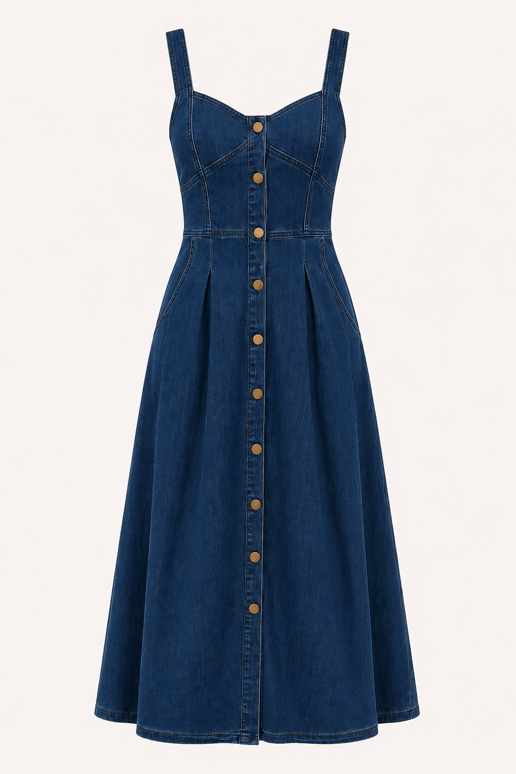 Robe midi denim bretelles larges boutonnée corsage coutures panneaux jupe évasée été - Brigitte