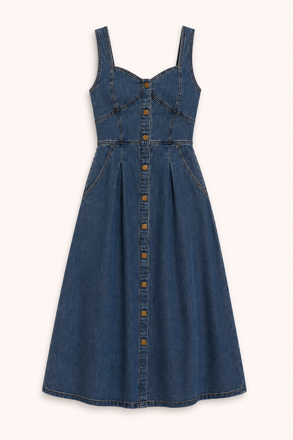 Robe midi denim bretelles larges boutonnée corsage coutures panneaux jupe évasée été - Brigitte