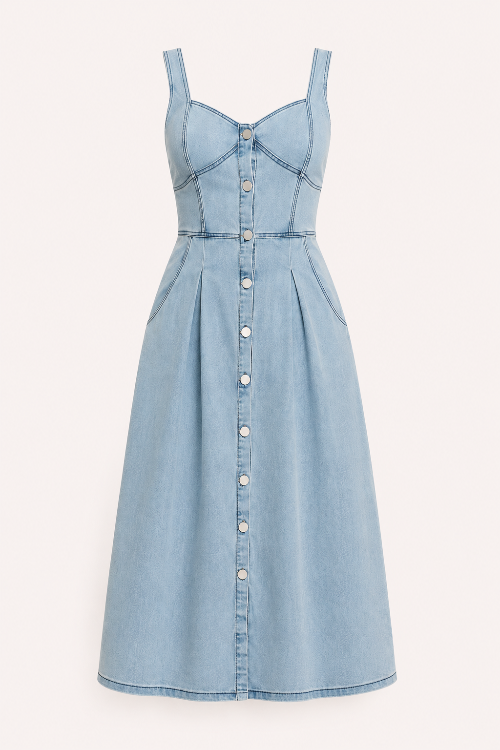 Robe midi denim bretelles larges boutonnée corsage coutures panneaux jupe évasée été - Brigitte