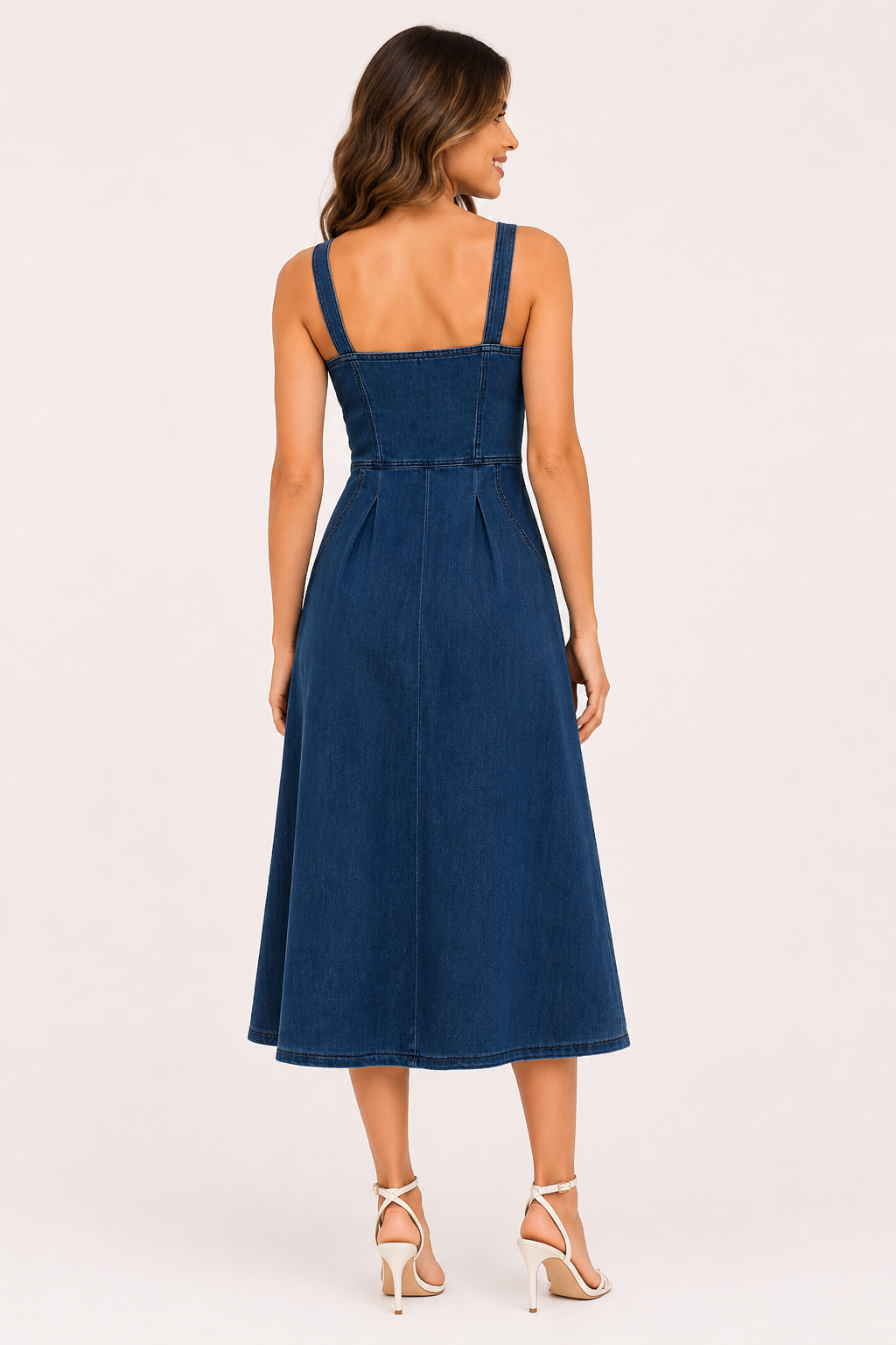 Robe midi denim bretelles larges boutonnée corsage coutures panneaux jupe évasée été - Brigitte