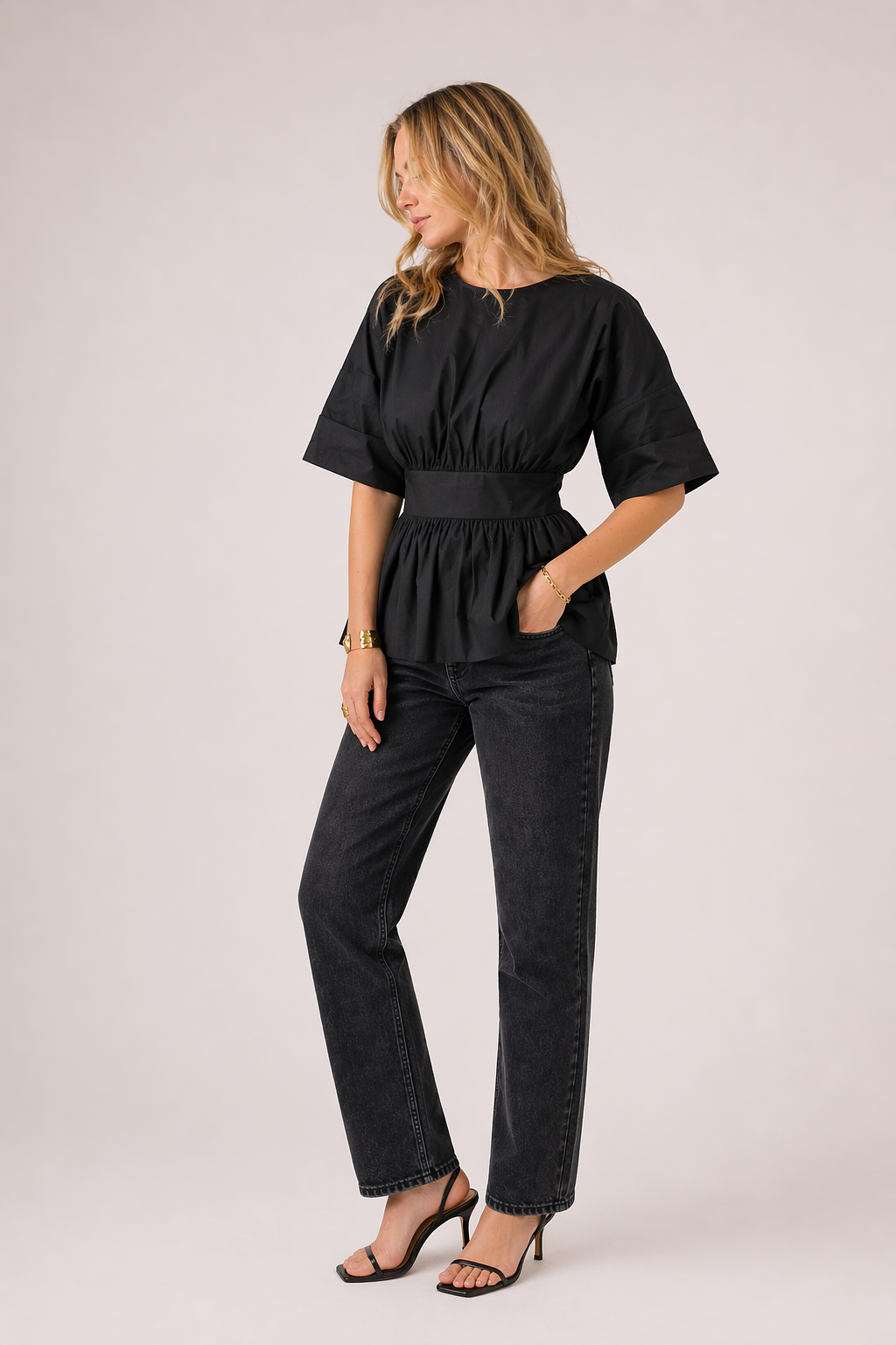 Chemisier femme col en V manches larges courtes taille cintrée décontracté - Natalia