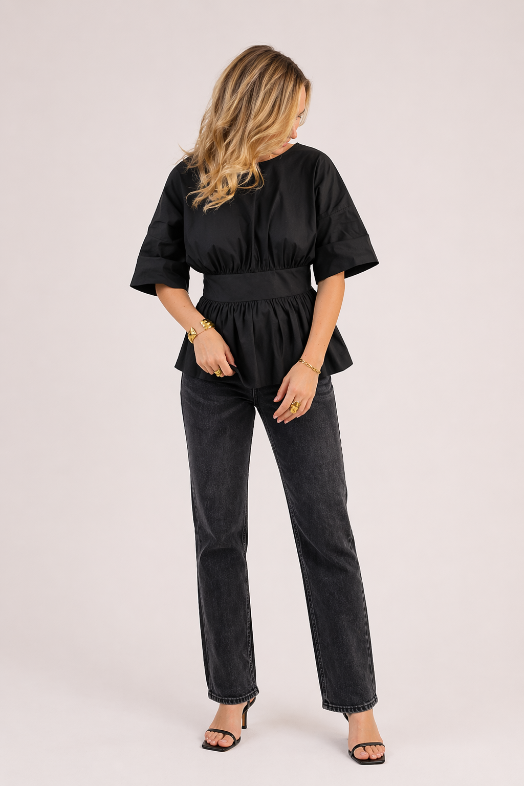Chemisier femme col en V manches larges courtes taille cintrée décontracté - Natalia