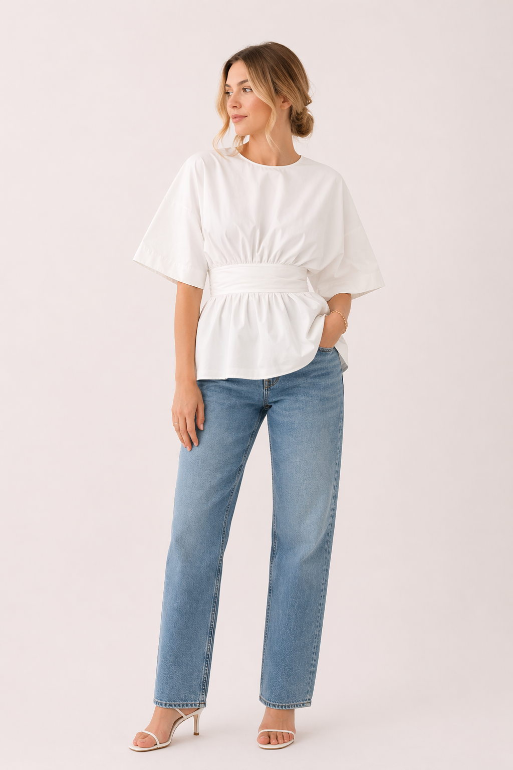 Chemisier femme col en V manches larges courtes taille cintrée décontracté - Natalia