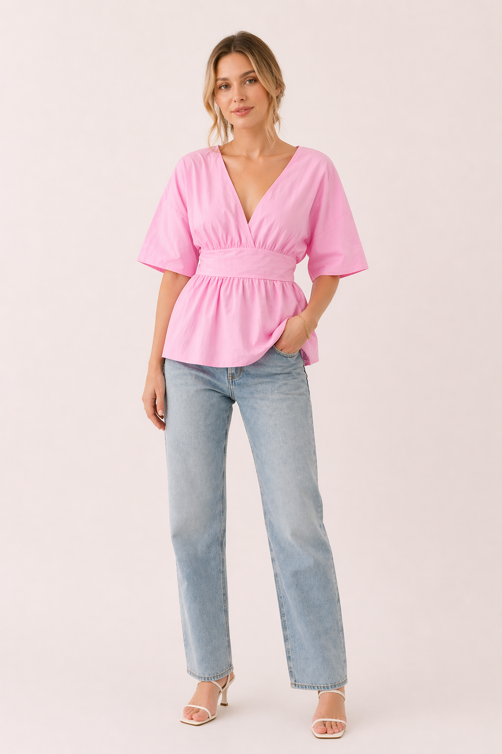 Chemisier femme col en V manches larges courtes taille cintrée décontracté - Natalia