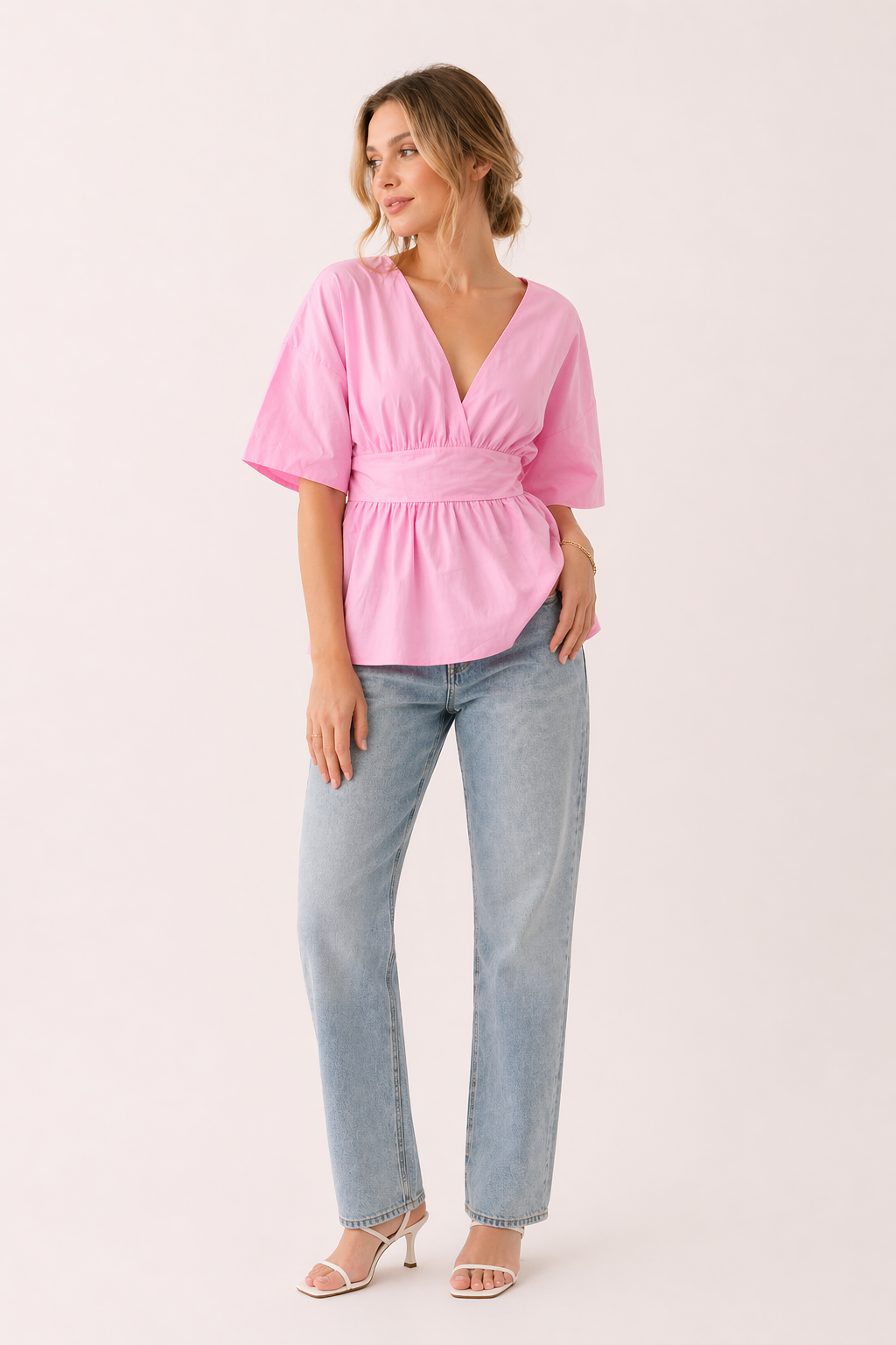 Chemisier femme col en V manches larges courtes taille cintrée décontracté - Natalia