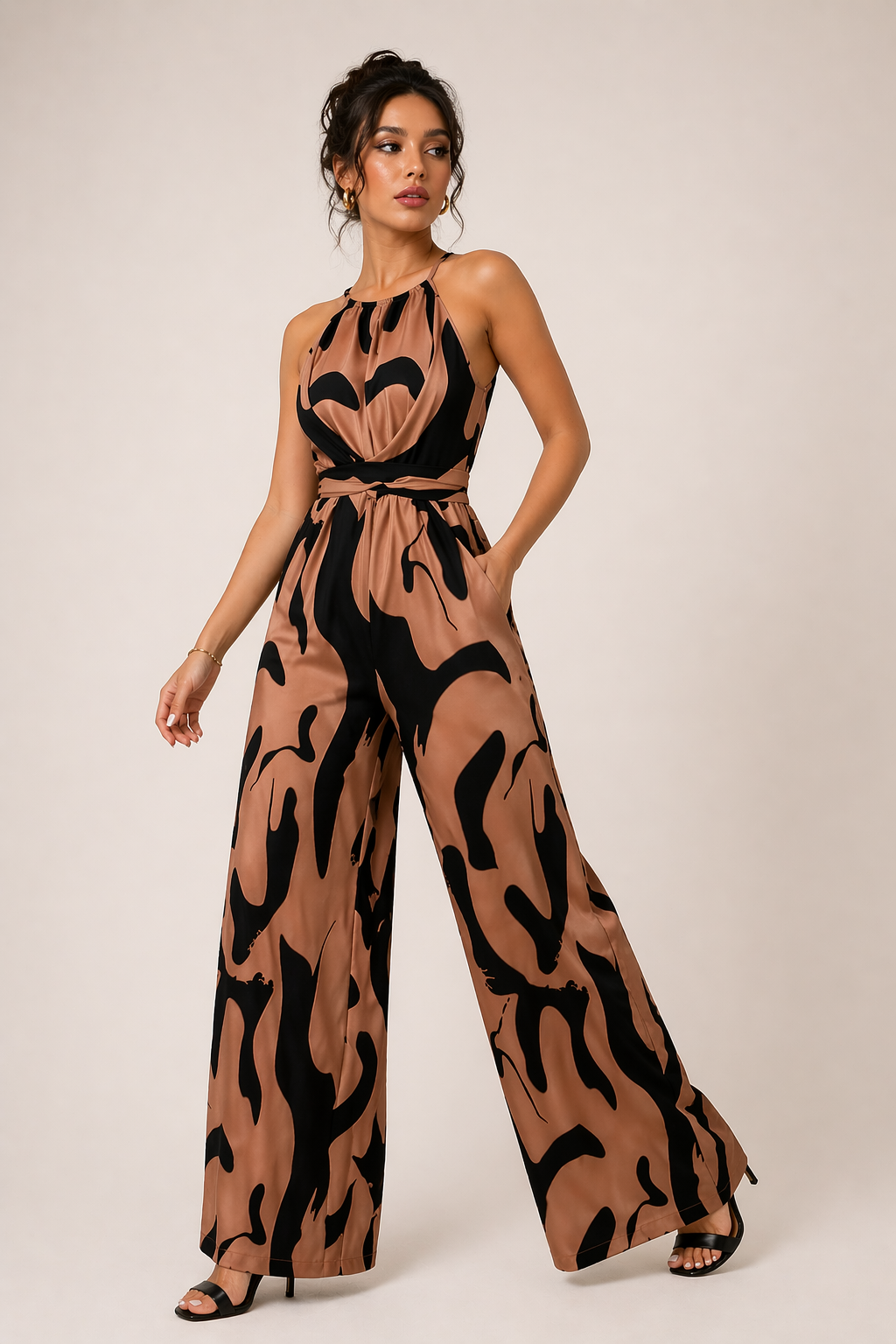Combinaison femme dos nu taille haute jambe large imprimée événement - Gabriela