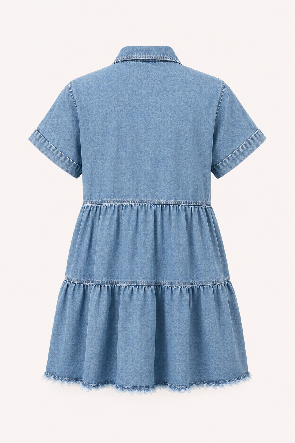 Robe courte denim col revers manches courtes jupe étages ourlet effiloché vacances - Heike