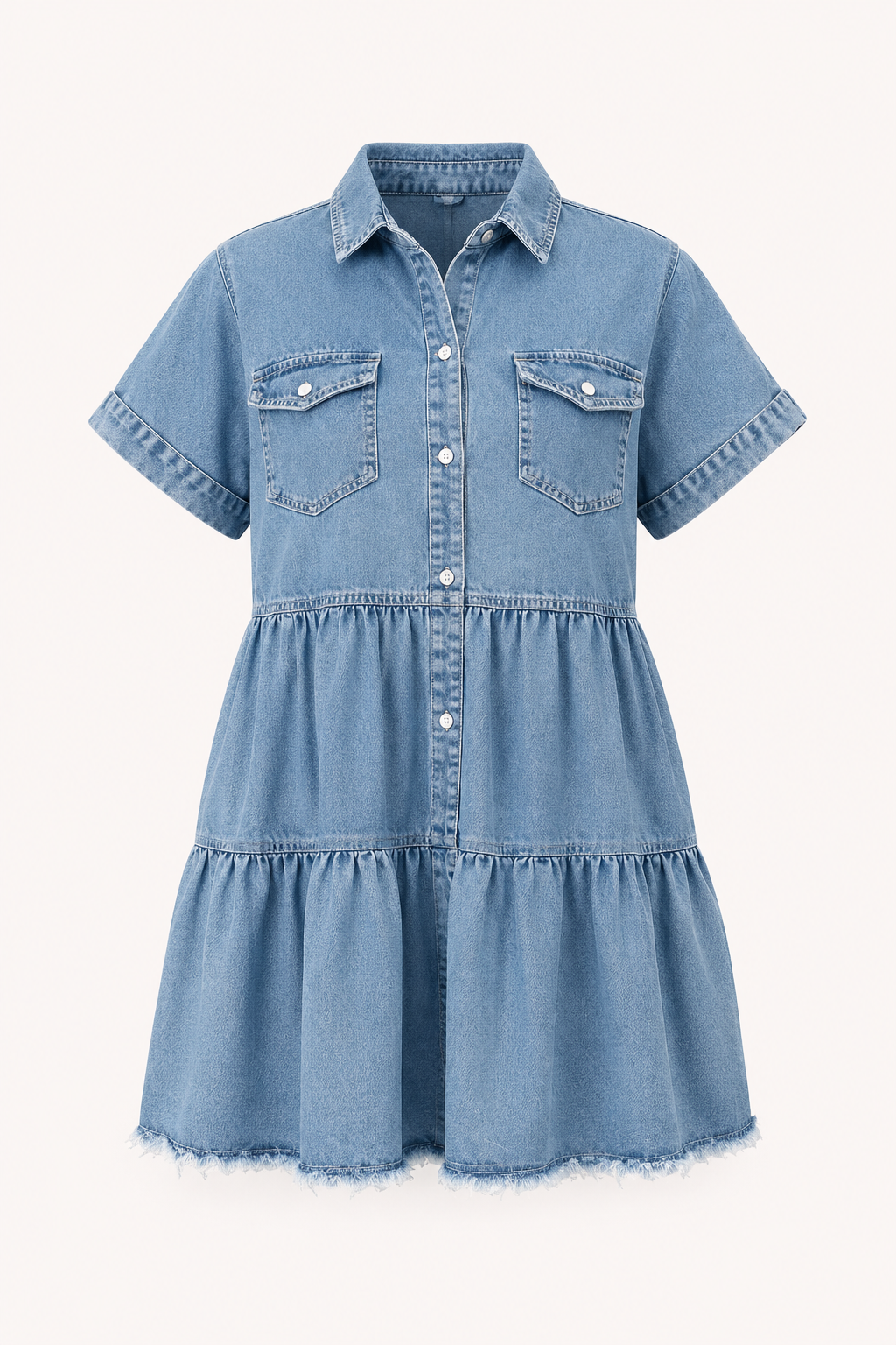Robe courte denim col revers manches courtes jupe étages ourlet effiloché vacances - Heike