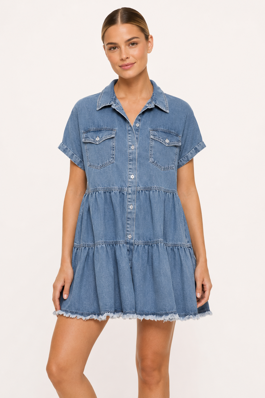 Robe courte denim col revers manches courtes jupe étages ourlet effiloché vacances - Heike