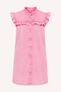 Robe courte denim volants épaules boutonnée devant confortable légère quotidien - Meike