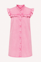 Robe courte denim volants épaules boutonnée devant confortable légère quotidien - Meike