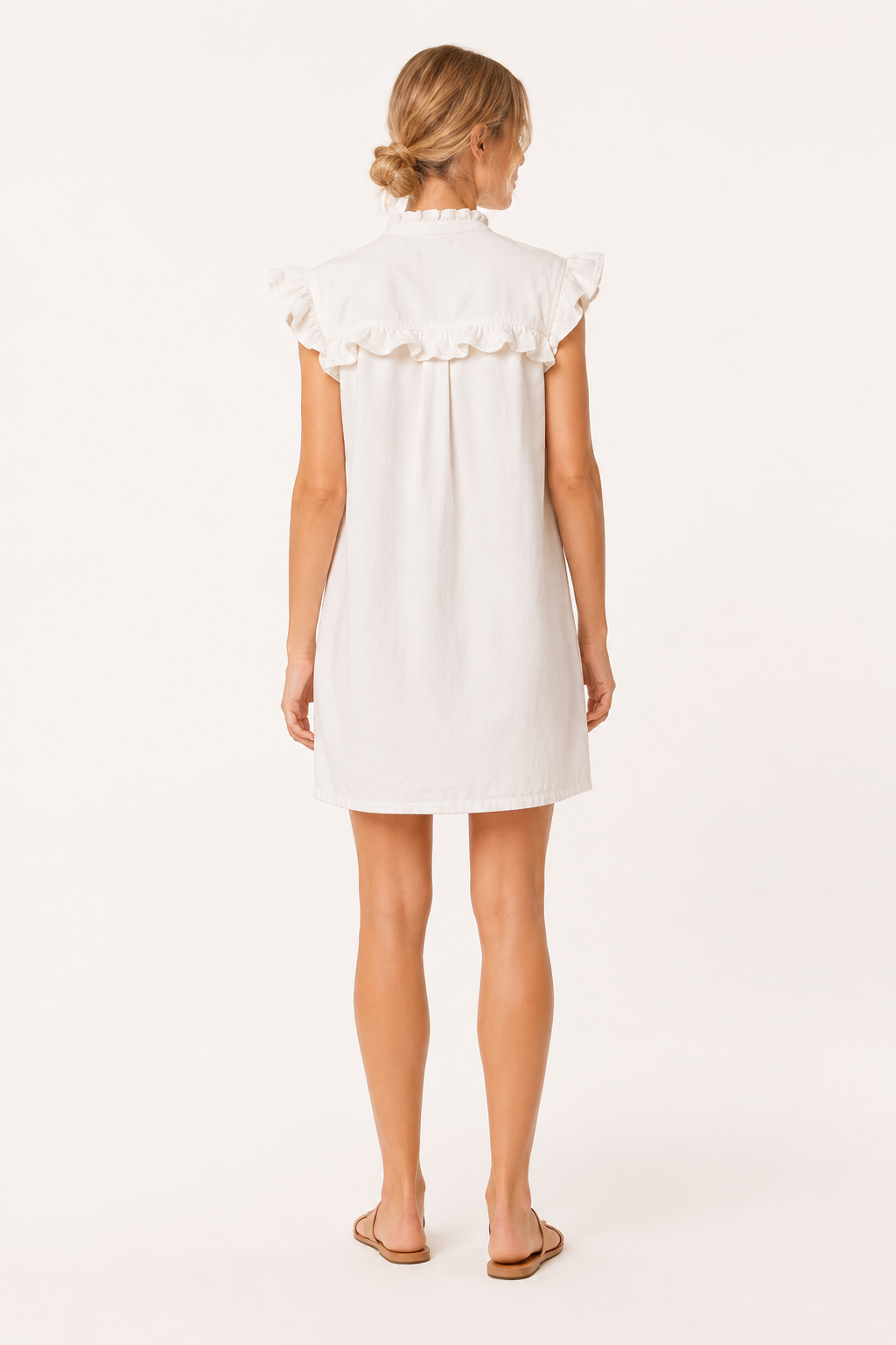 Robe courte denim volants épaules boutonnée devant confortable légère quotidien - Meike