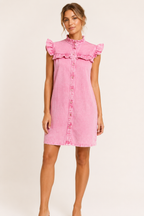 Robe courte denim volants épaules boutonnée devant confortable légère quotidien - Meike