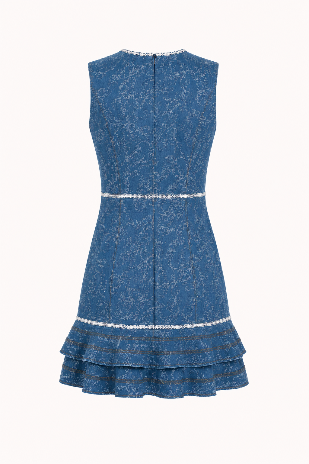 Robe courte denim imprimée sans manches double volant ourlet lignes contrastées déjeuner - Gerlind