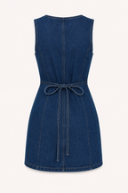 Robe courte denim décolleté en V boutonnée coutures verticales féminine moderne - Ilse