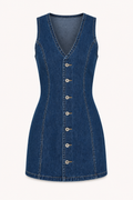 Robe courte denim décolleté en V boutonnée coutures verticales féminine moderne - Ilse