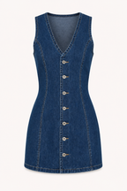 Robe courte denim décolleté en V boutonnée coutures verticales féminine moderne - Ilse