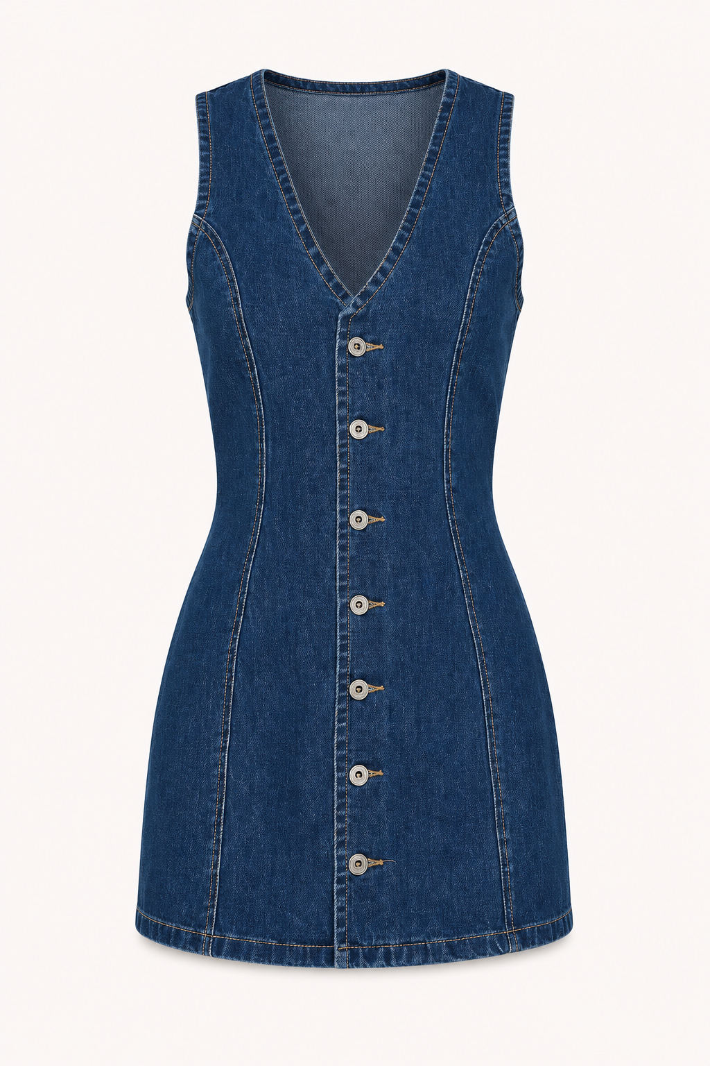 Robe courte denim décolleté en V boutonnée coutures verticales féminine moderne - Ilse