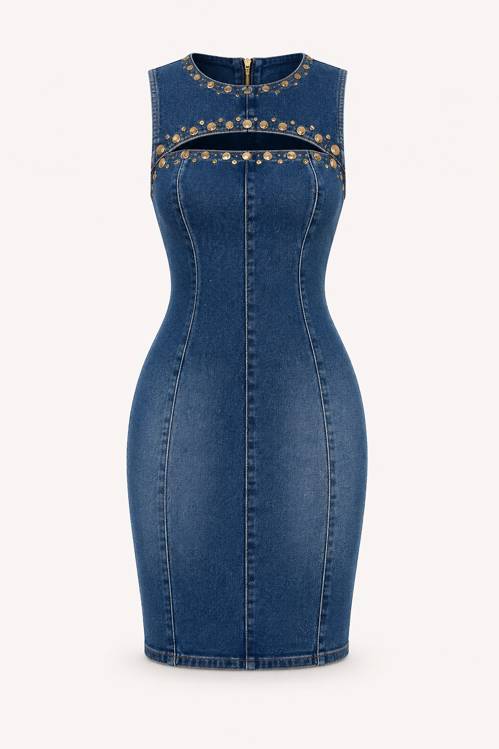 Robe courte denim sans manches détails métalliques fente poitrine coutures soirée décontractée - Karol