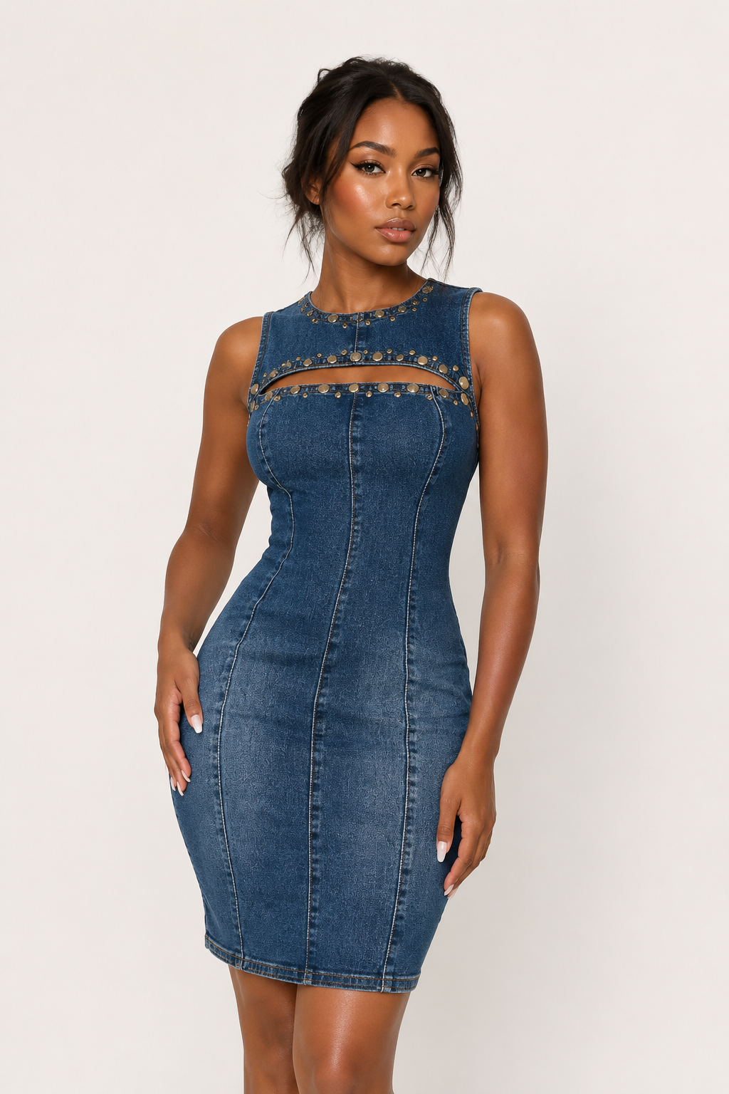 Robe courte denim sans manches détails métalliques fente poitrine coutures soirée décontractée - Karol