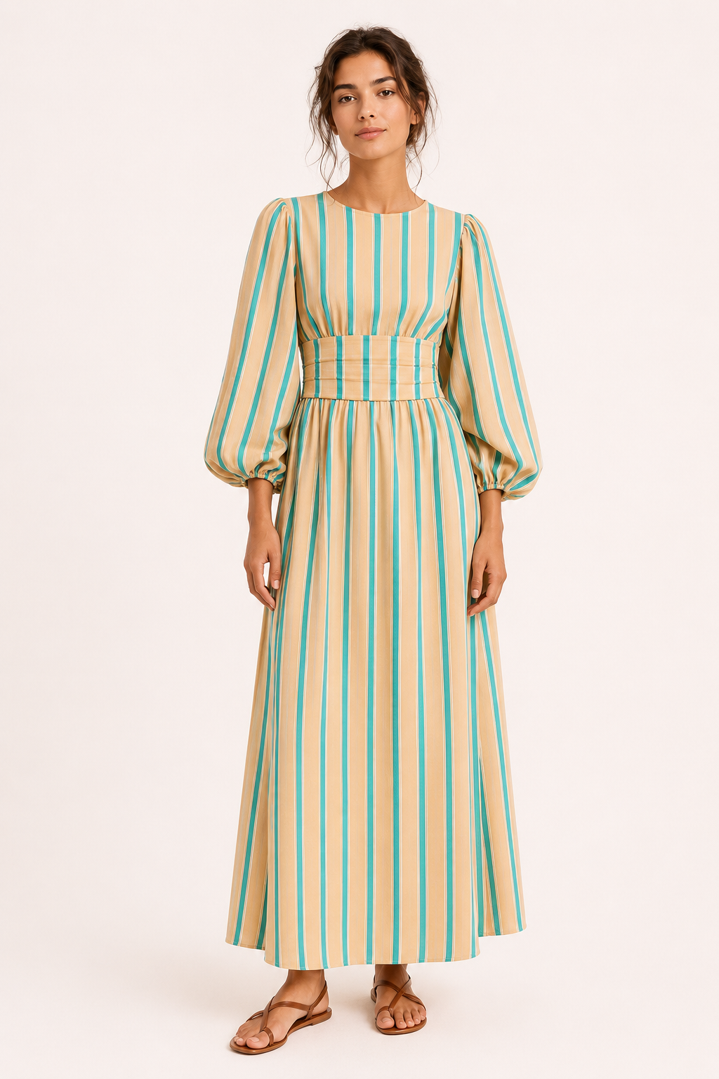 Robe longue rayures verticales manches bouffantes ceinture taille haute printemps-été - Larissa