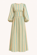 Robe longue rayures verticales manches bouffantes ceinture taille haute printemps-été - Larissa